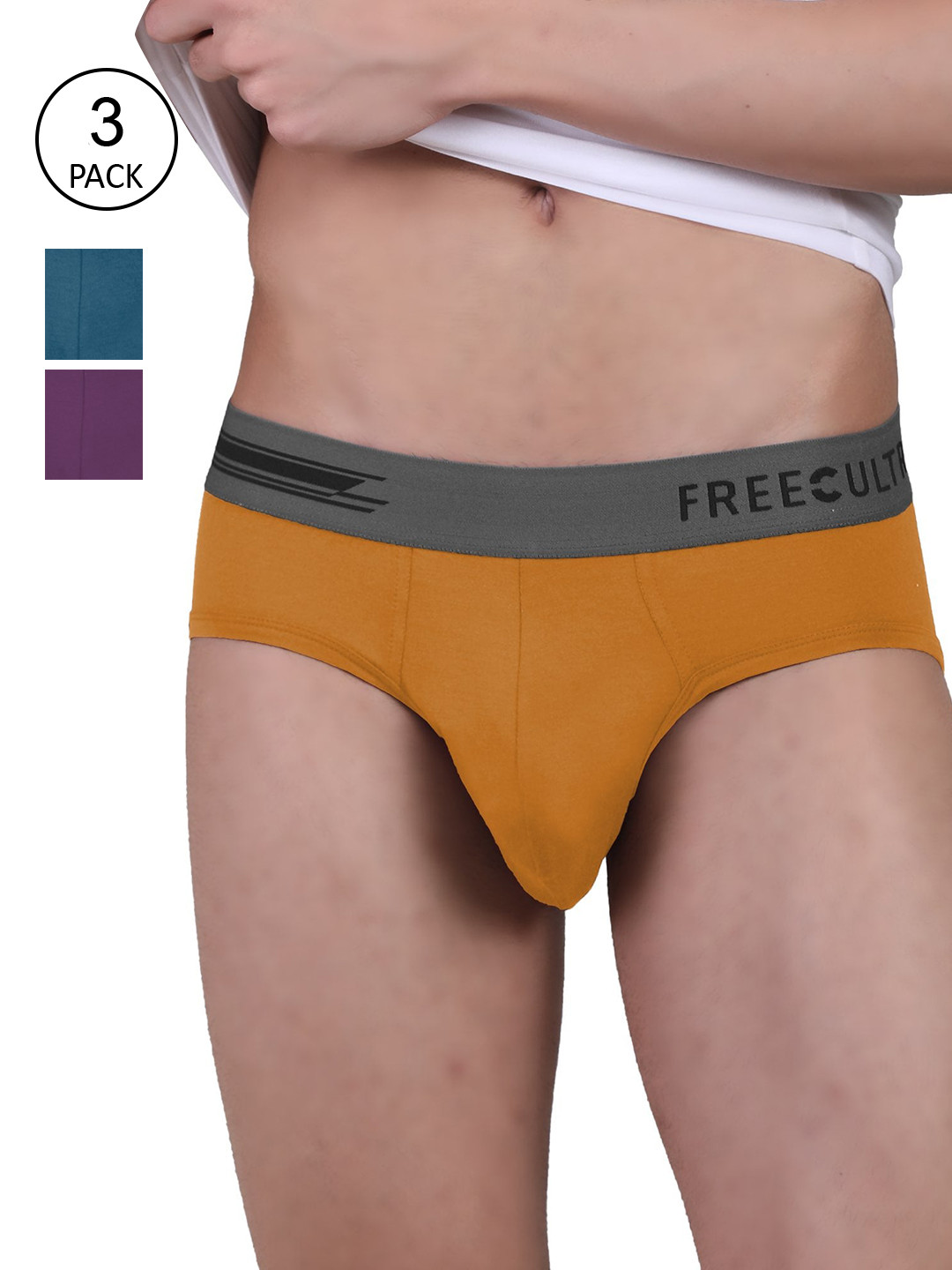 FREECULTR Men Pack Of 3 Violet & Blue Solid AntiBacterial Basic Briefs