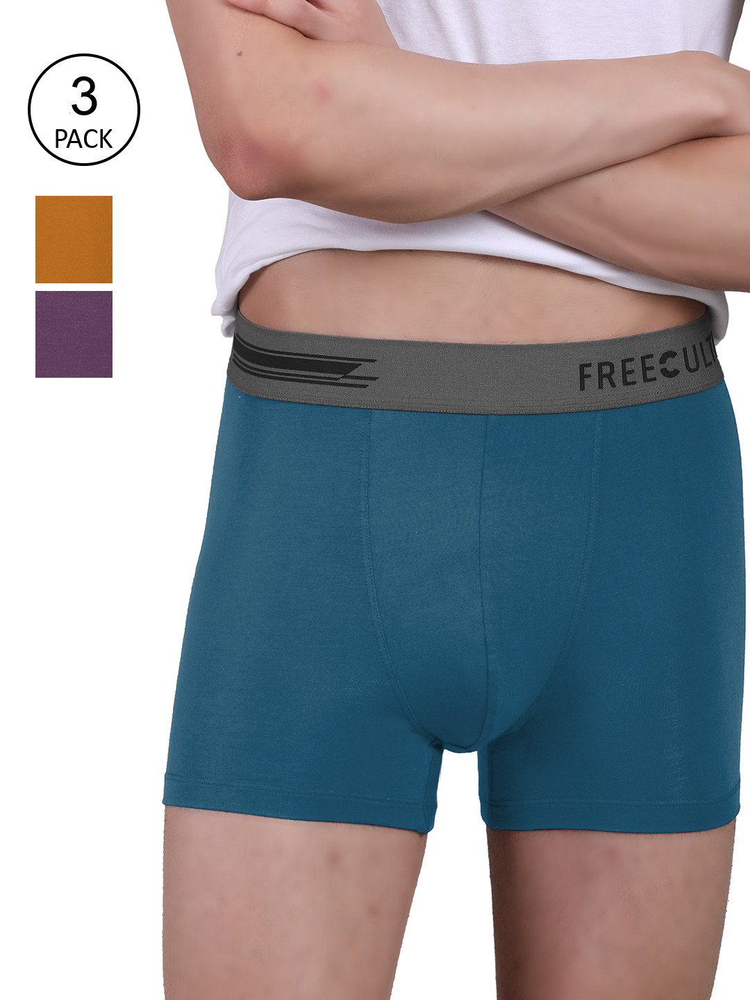 FREECULTR Men Pack Of 3 Blue & Purple Solid Trunks
