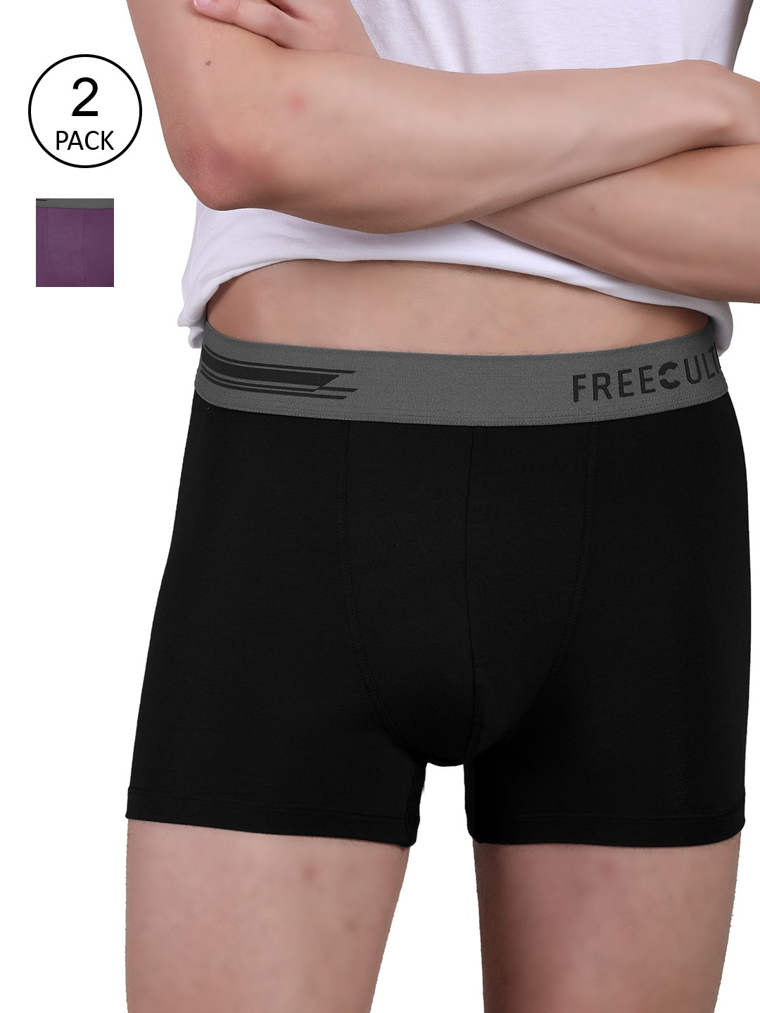 FREECULTR Men Black & Violet Pack Of 2 Solid Trunk