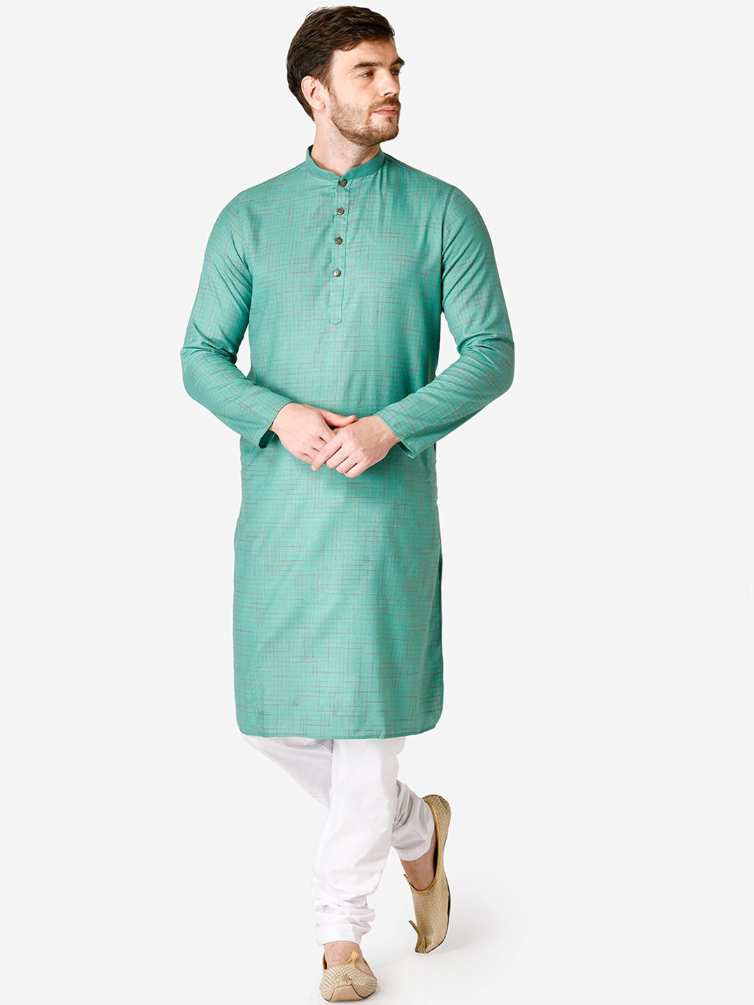 TABARD Men Green Cotton Checks Kurta