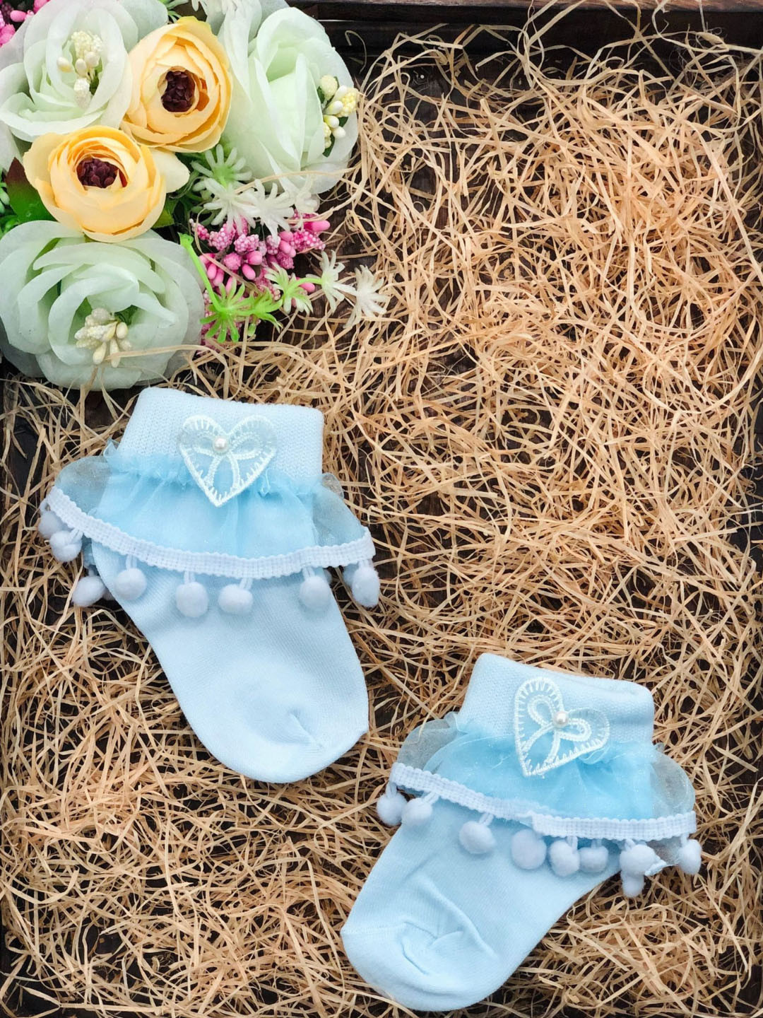 N2S NEXT2SKIN  Infant Girls Set of 3 Blue Cotton Socks With Frills