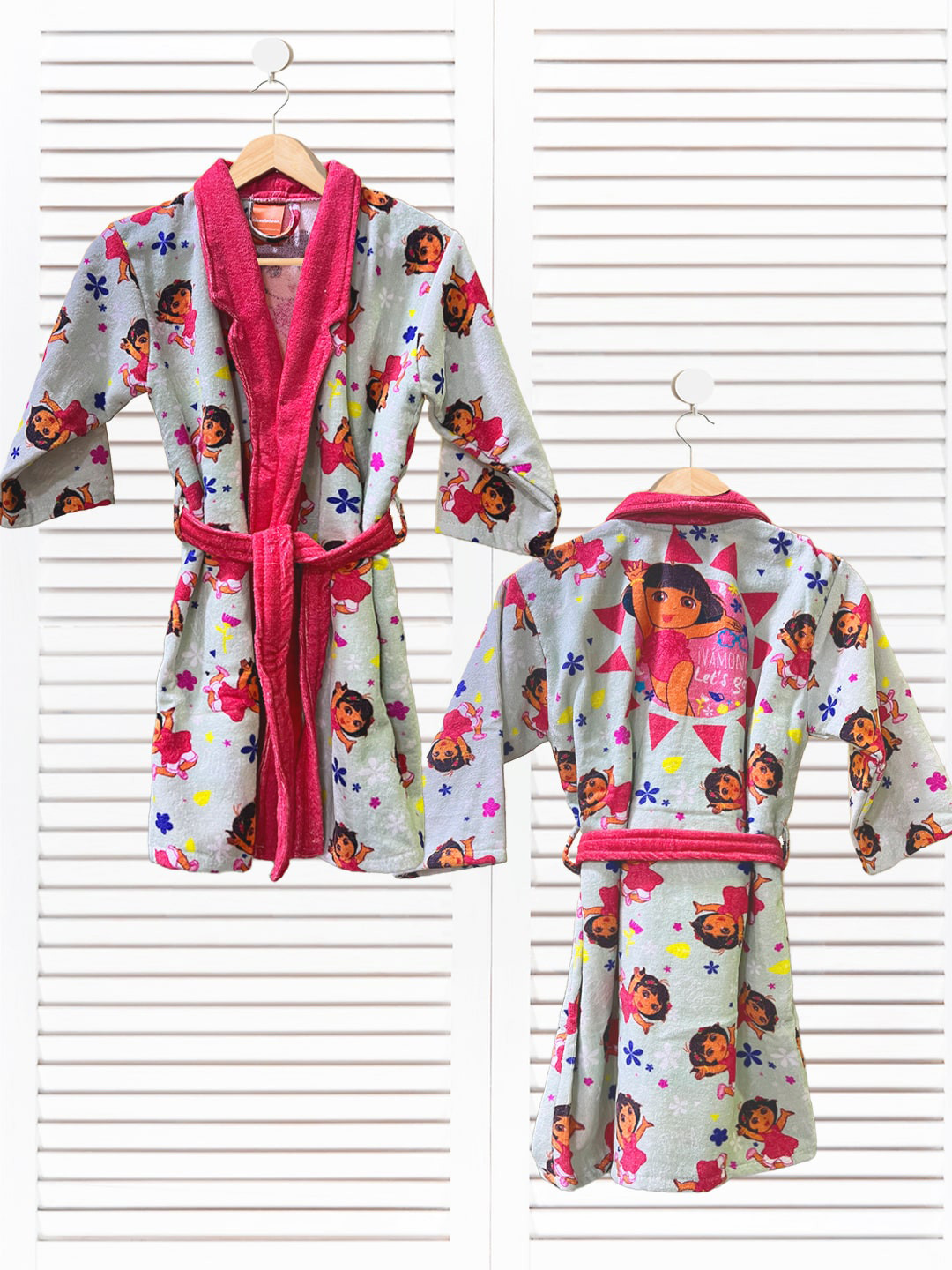 YK Dora Pink Cartoon Characters Cotton Drawstring Knee Length Bath Robe