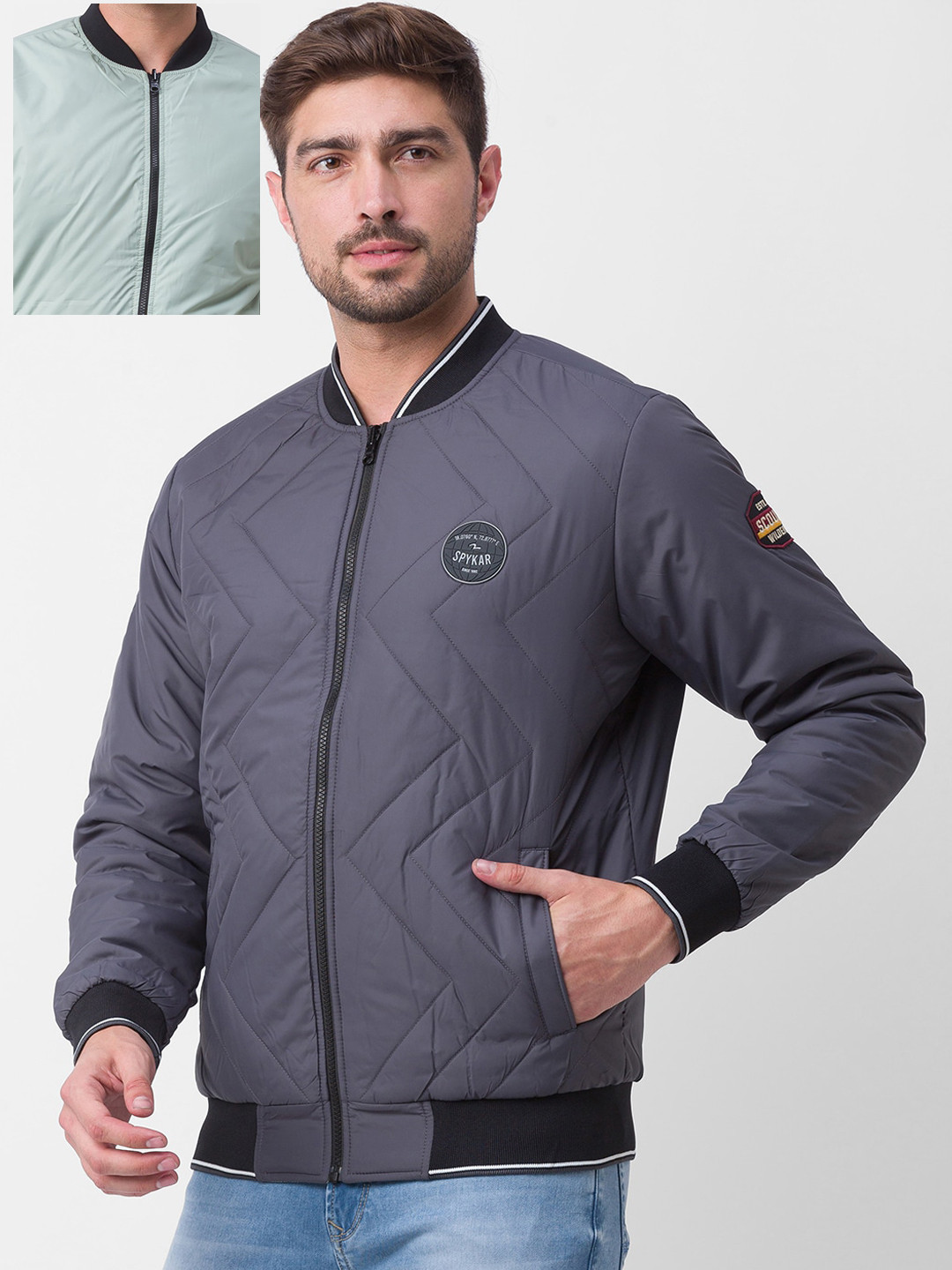 SPYKAR Men Sea Green & Charcoal Grey Reversible Padded Jacket