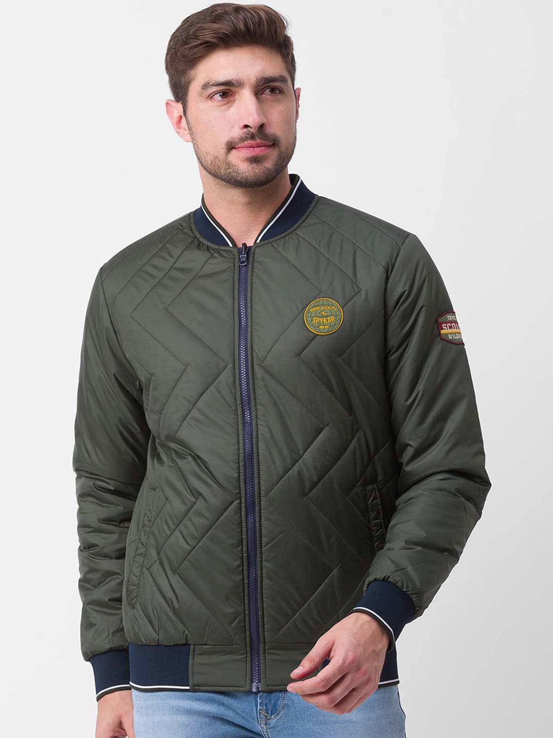 SPYKAR Men Blue Striped Bomber with Patchwork Jacket