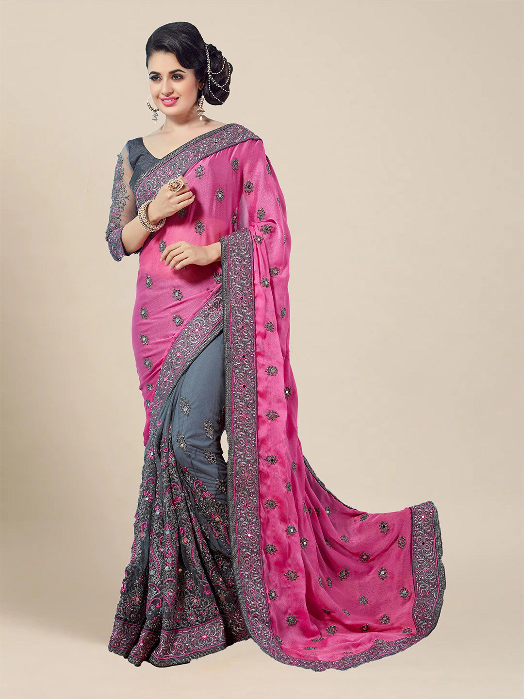 MS RETAIL Pink & Grey Floral Embroidered Pure Chiffon Half and Half Saree