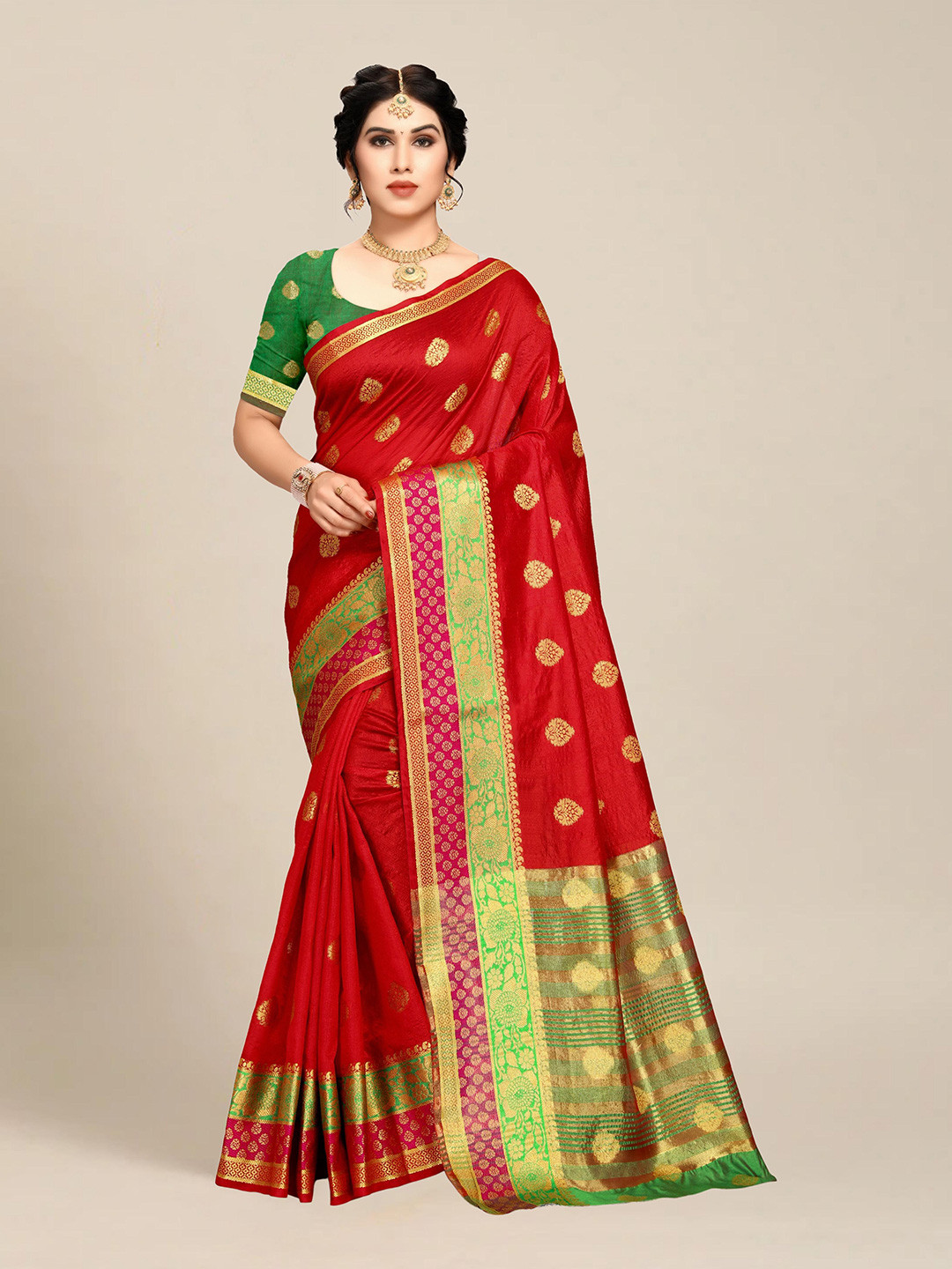 MS RETAIL Red & Green Ethnic Motifs Art Silk Saree