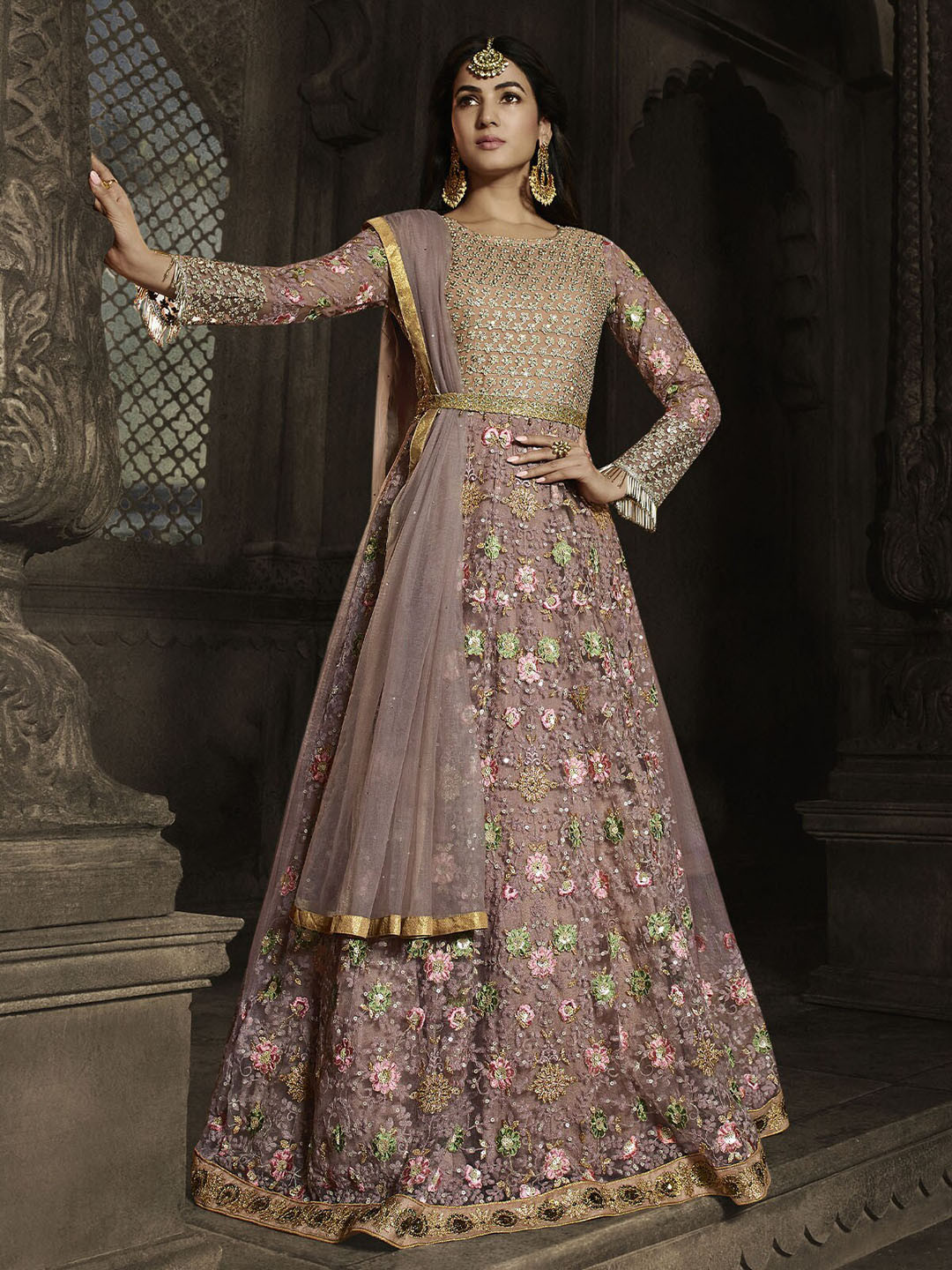 ODETTE Women Pink Embroidered Semi Stitched Kurta with Churidar With Dupatta