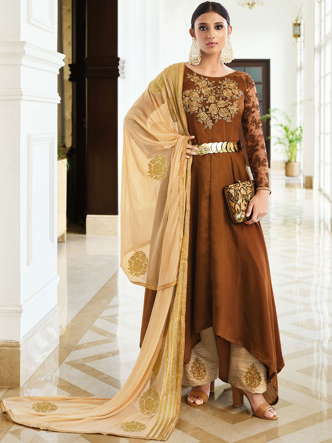 ODETTE Brown & Beige Embroidered Semi-Stitched Dress Material