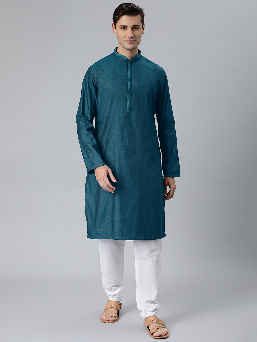 Manthan Teal Blue Solid Blended Cotton Kurta