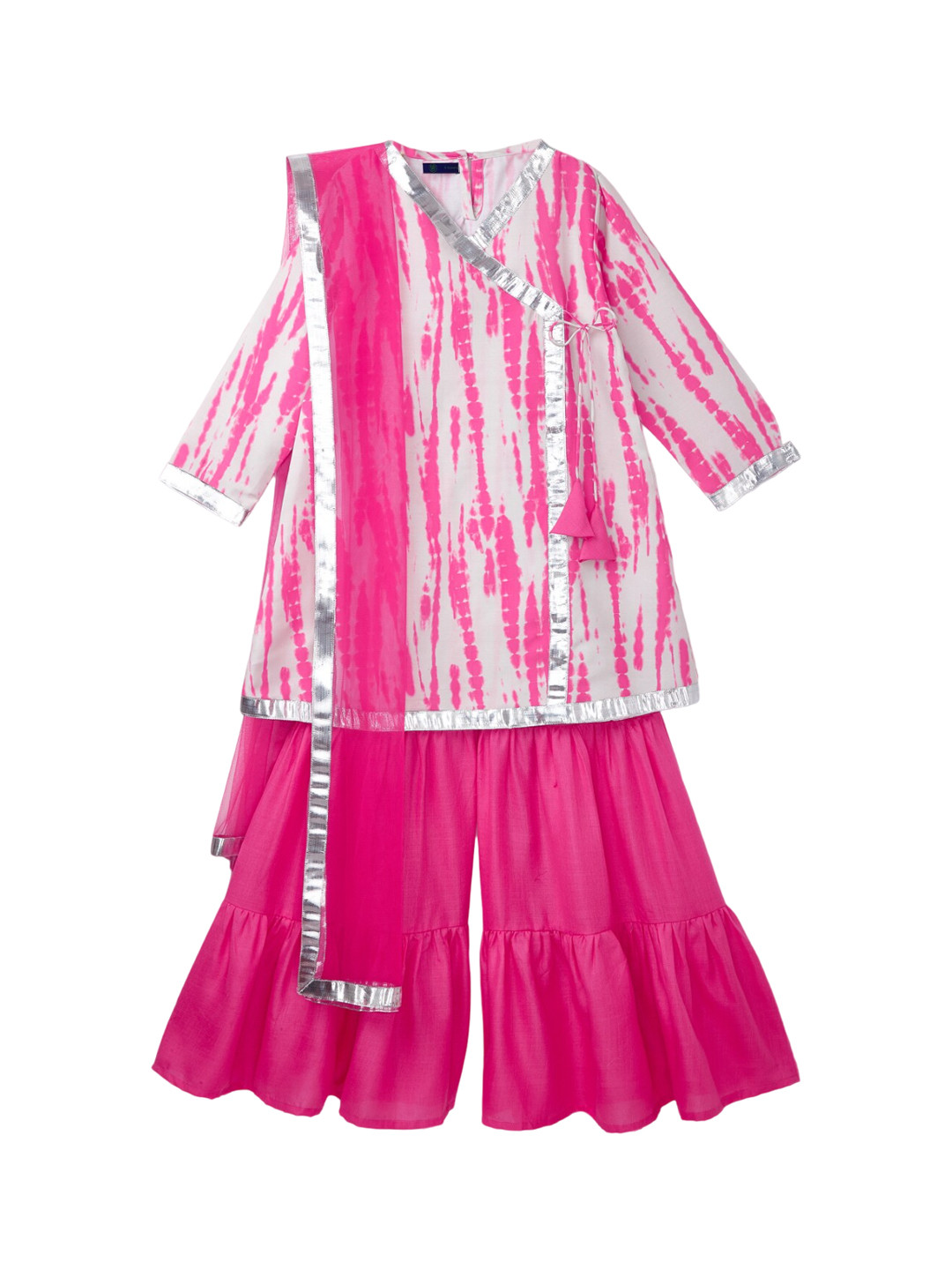 YK Girls Pink Tie and Dye Kurta with Sharara & With Dupatta