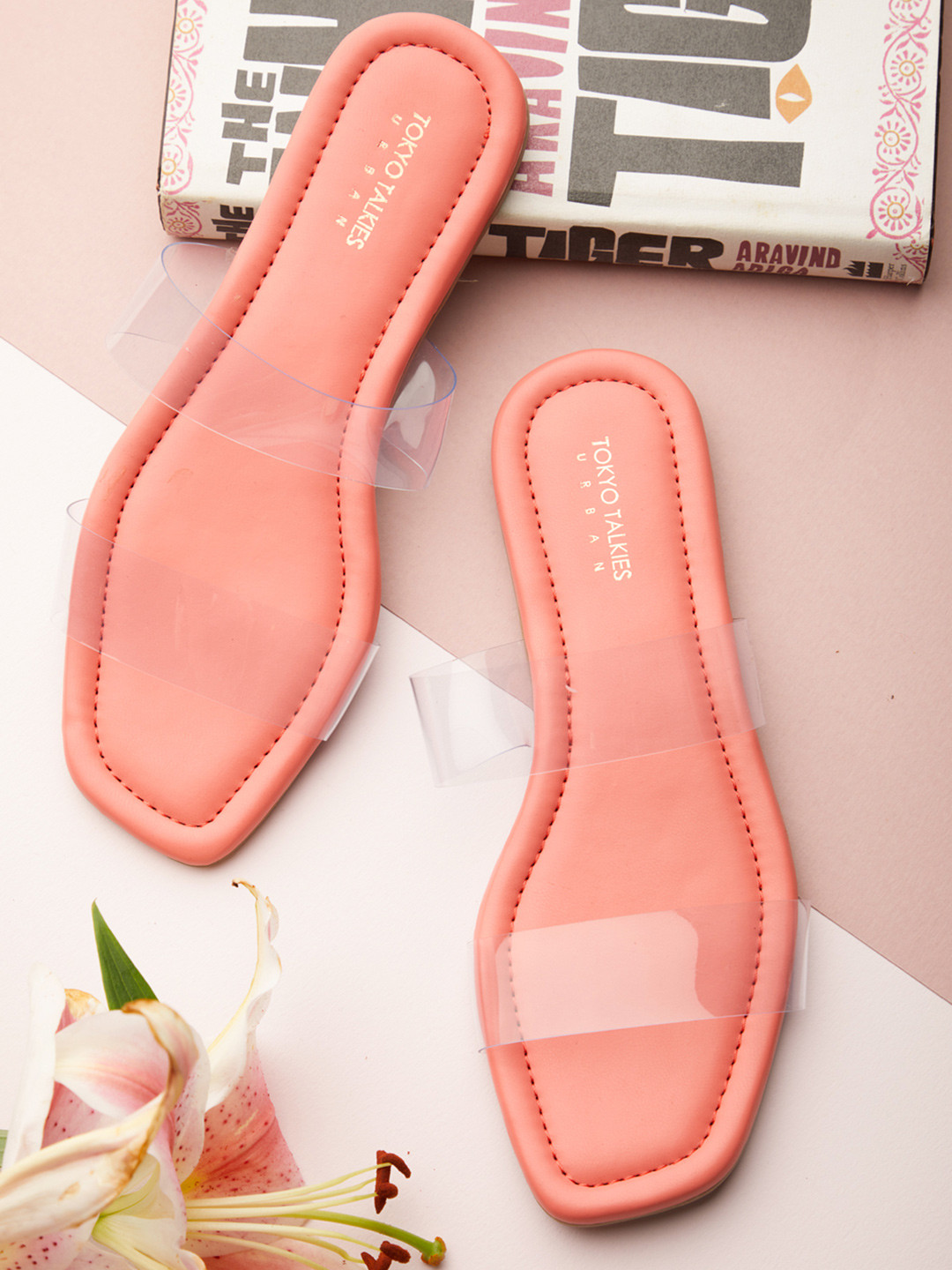 Tokyo Talkies Women Coral Pink & Transparent Open Toe Flats