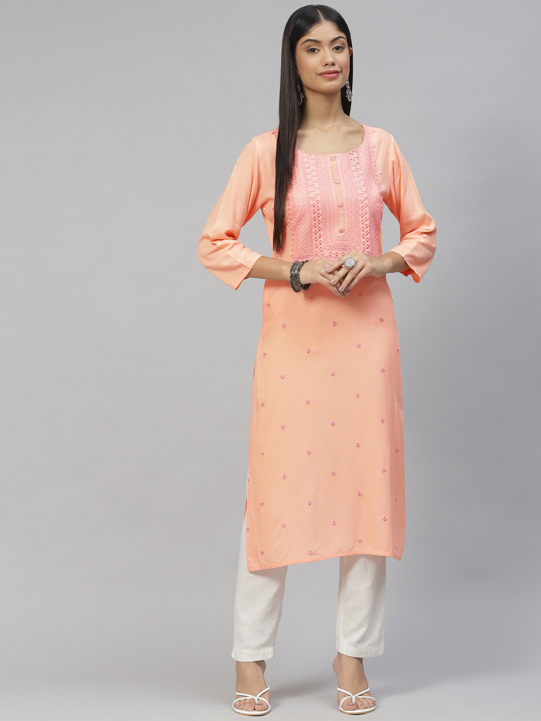 Ramas Women Peach-Coloured Yoke Design Kurta