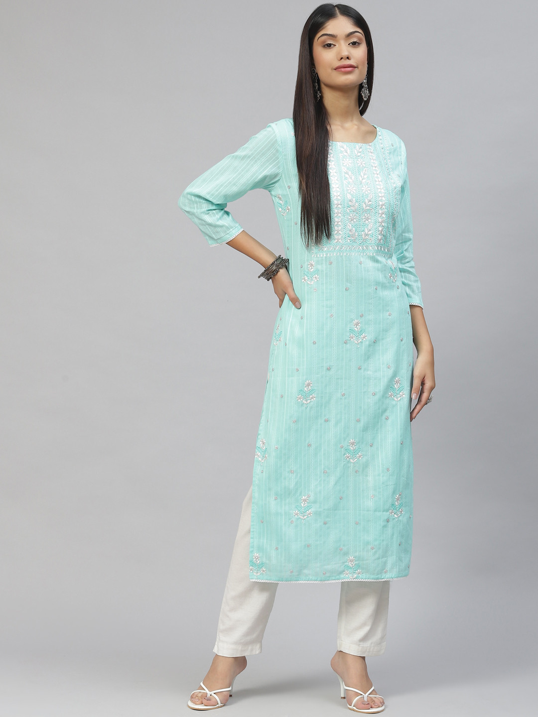 Ramas Women Turquoise Blue Floral Embroidered Cotton Kurta