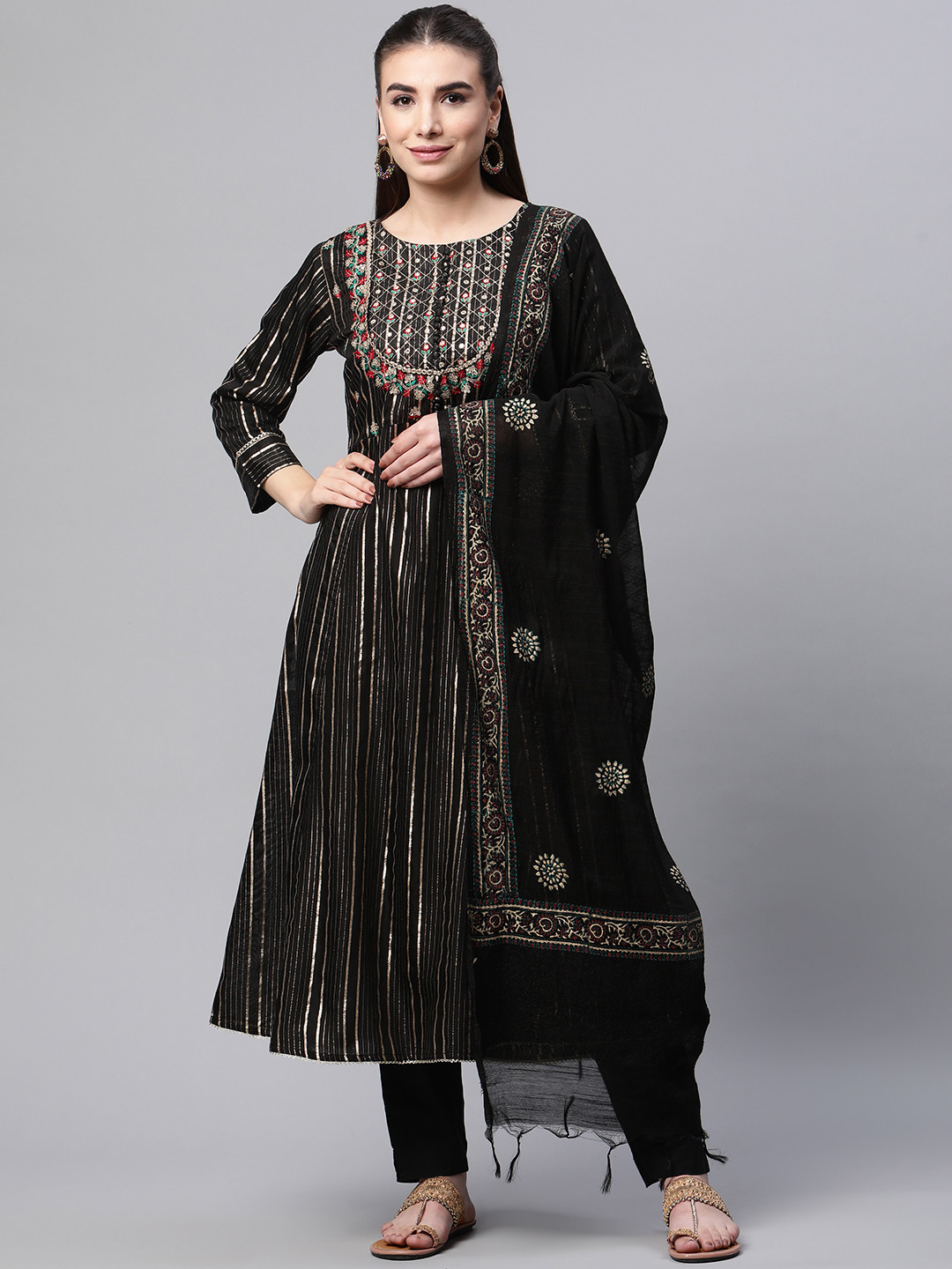 Ramas Women Black Ethnic Motifs Embroidered Pure Silk Kurta with Trousers & With Dupatta
