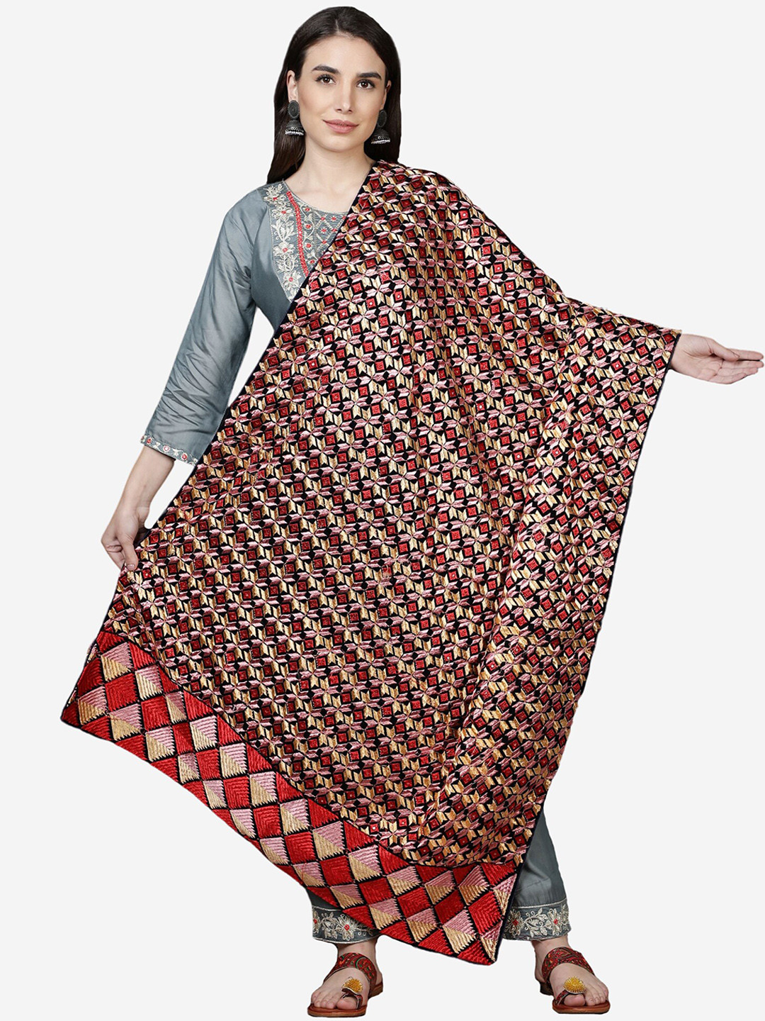 Moda Chales Women Navy Blue & Gold-Toned Phulkari Embroidered Velvet Shawl