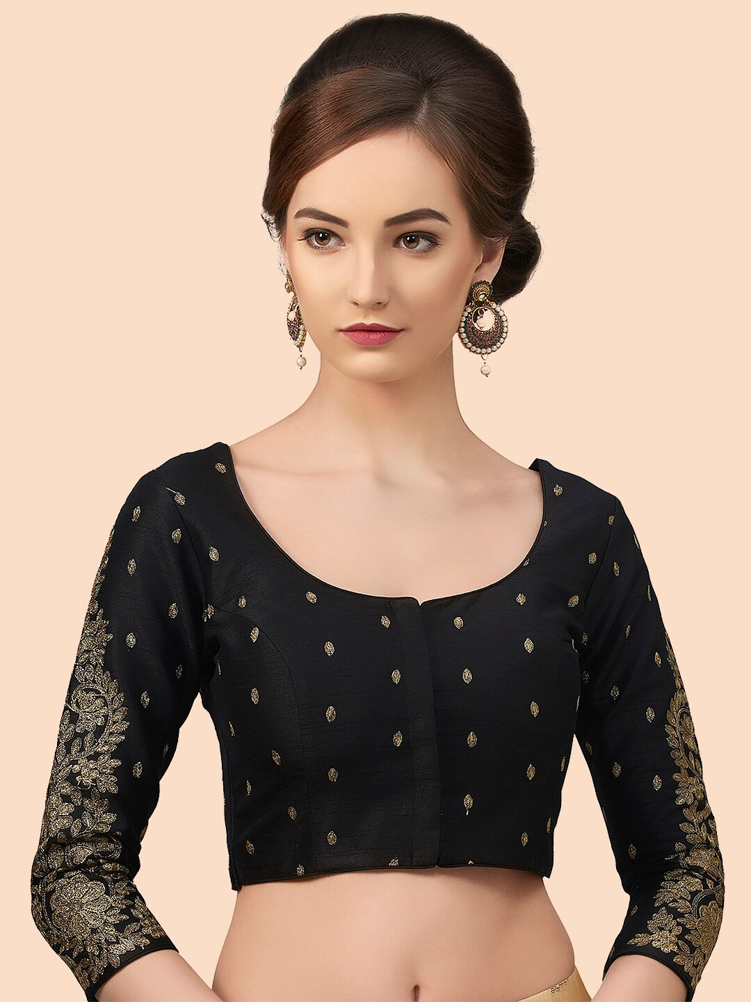 Neckbook Black & Gold-Toned Embroidered Padded Princess Cut Readymade Saree Blouse