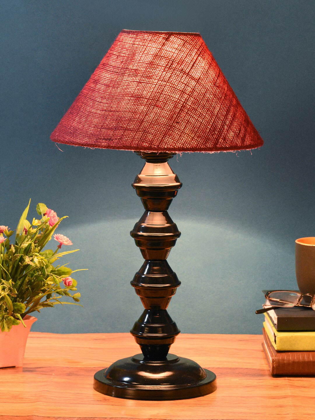 foziq Black & Burgundy Textured Frustum Shaped Table Lamp