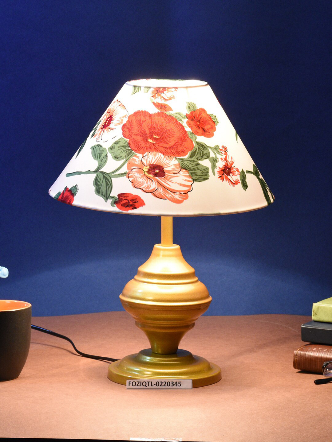 foziq Gold Toned & White Printed Floral Metal Table Lamp