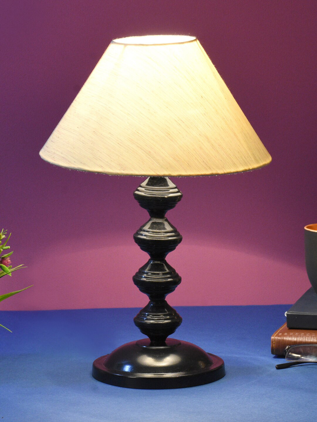 foziq Black & Beige Frustum Shape Textured Table Lamps With Shade