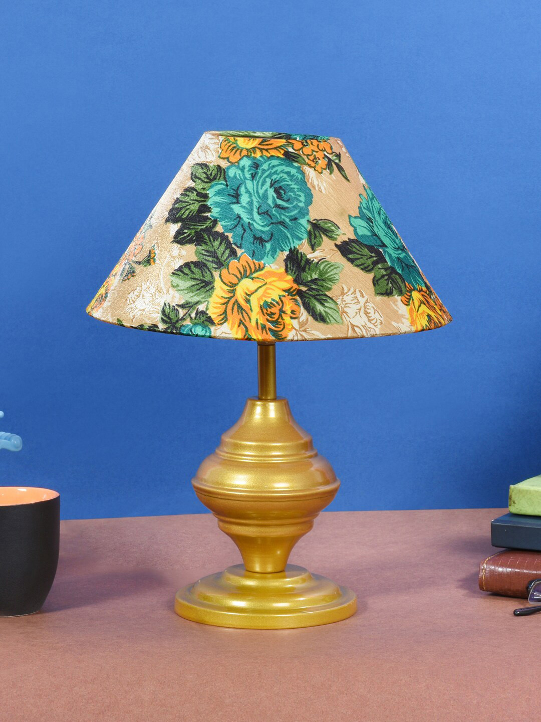 foziq Gold & Beige Printed Frustum Shaped Table Lamp