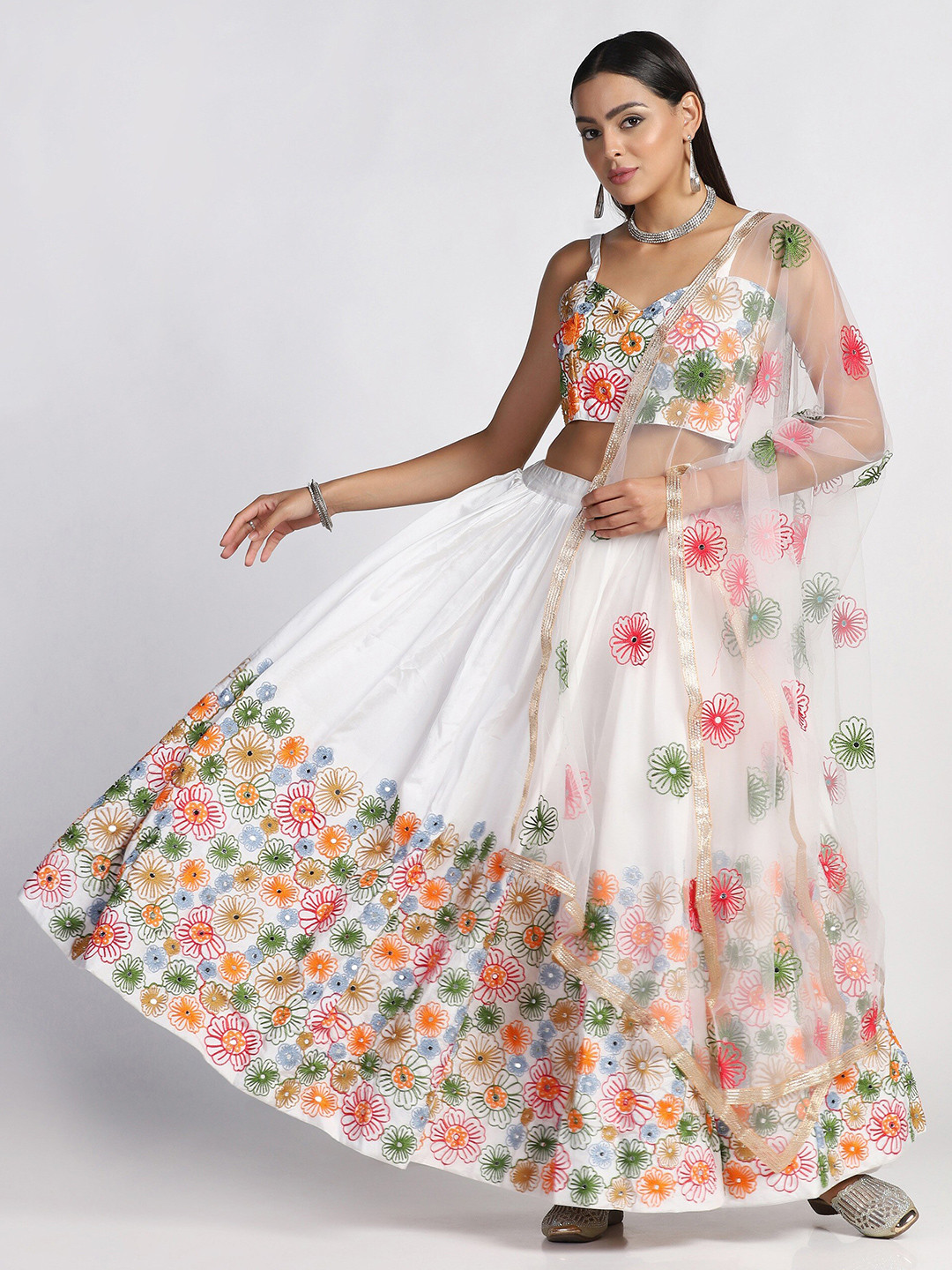 Warthy Ent White & Red Embroidered Thread Work Semi-Stitched Lehenga & Unstitched Blouse With Dupatta