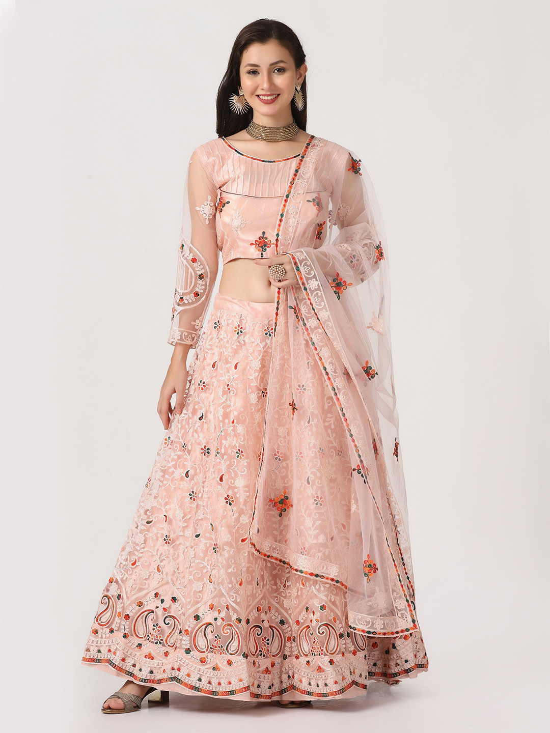 Warthy Ent Pink & Maroon Embroidered Thread Work Tie and Dye Semi-Stitched Lehenga & Unstitched Blouse With