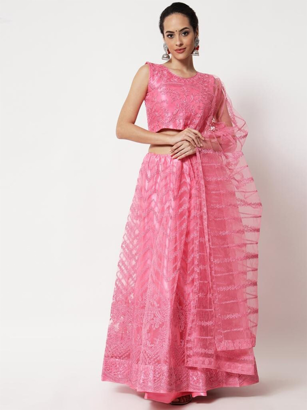 Warthy Ent Pink Thread Work Semi-Stitched Lehenga & Unstitched Blouse With Dupatta