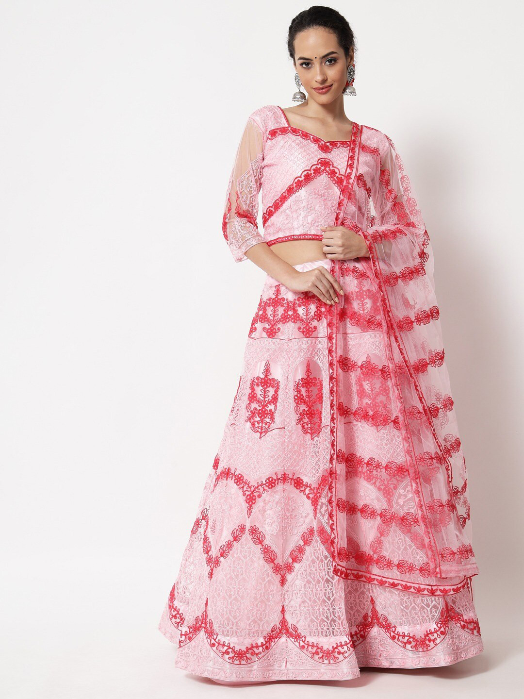 Warthy Ent Pink & Red Embroidered Thread Work Semi-Stitched Lehenga & Unstitched Blouse With Dupatta