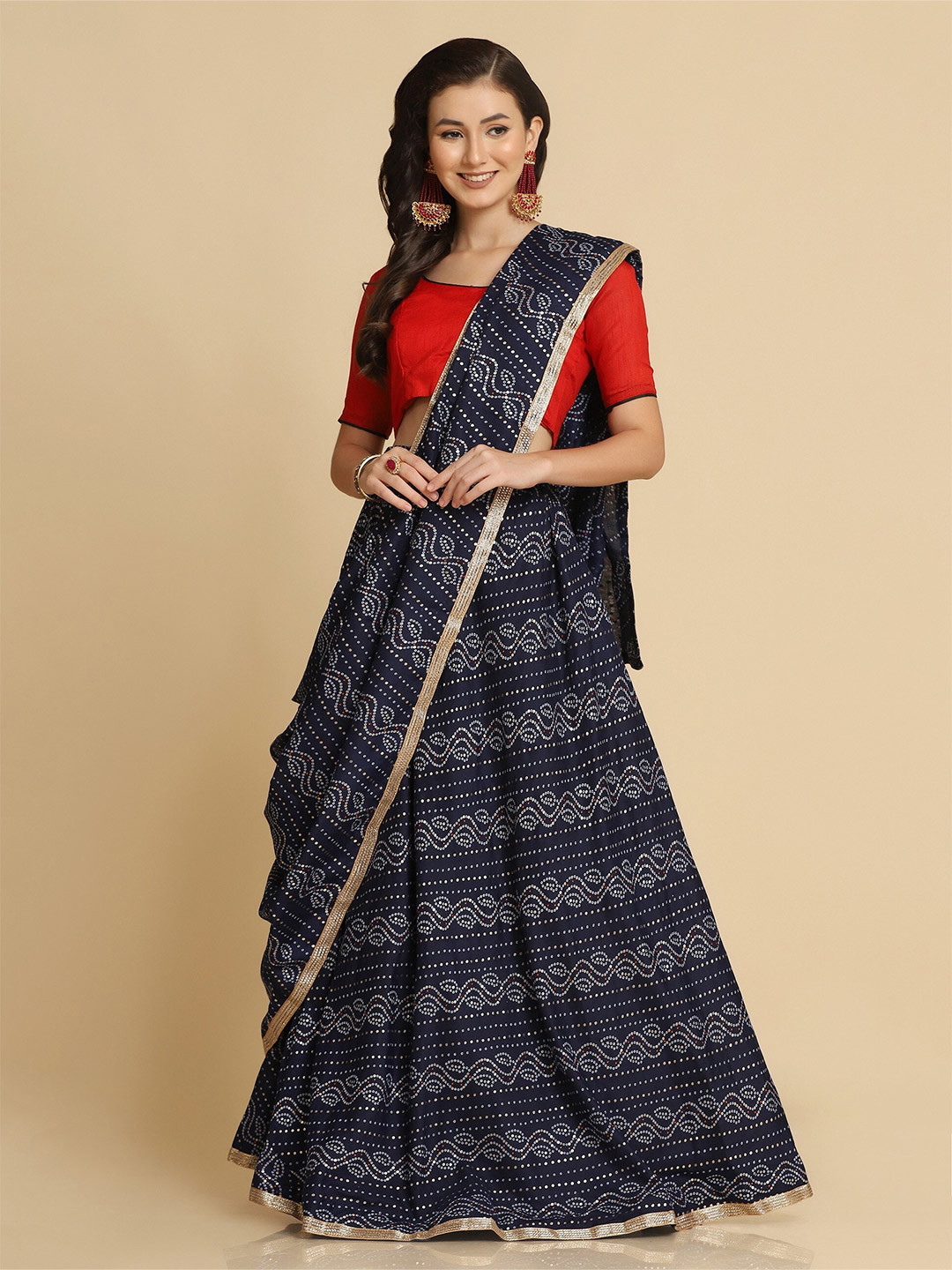 Warthy Ent Blue & Gold-Toned Semi-Stitched Lehenga & Unstitched Blouse With Dupatta