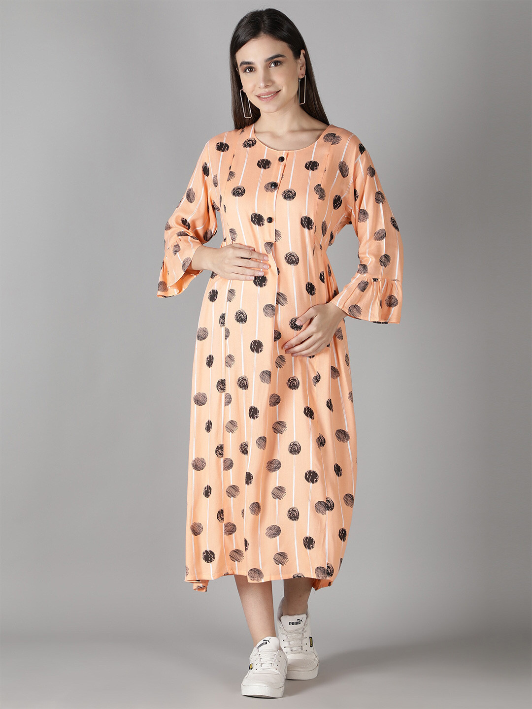 NIGHTSPREE Peach-Coloured Maternity A-Line Midi Dress