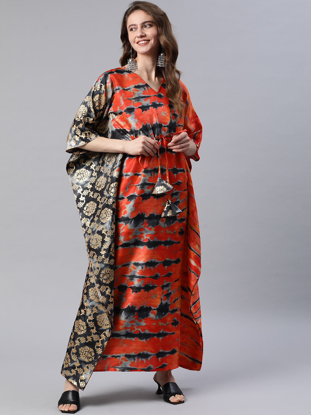 Cottinfab Women Orange & Black Printed Flared Sleeves Kaftan Kurta