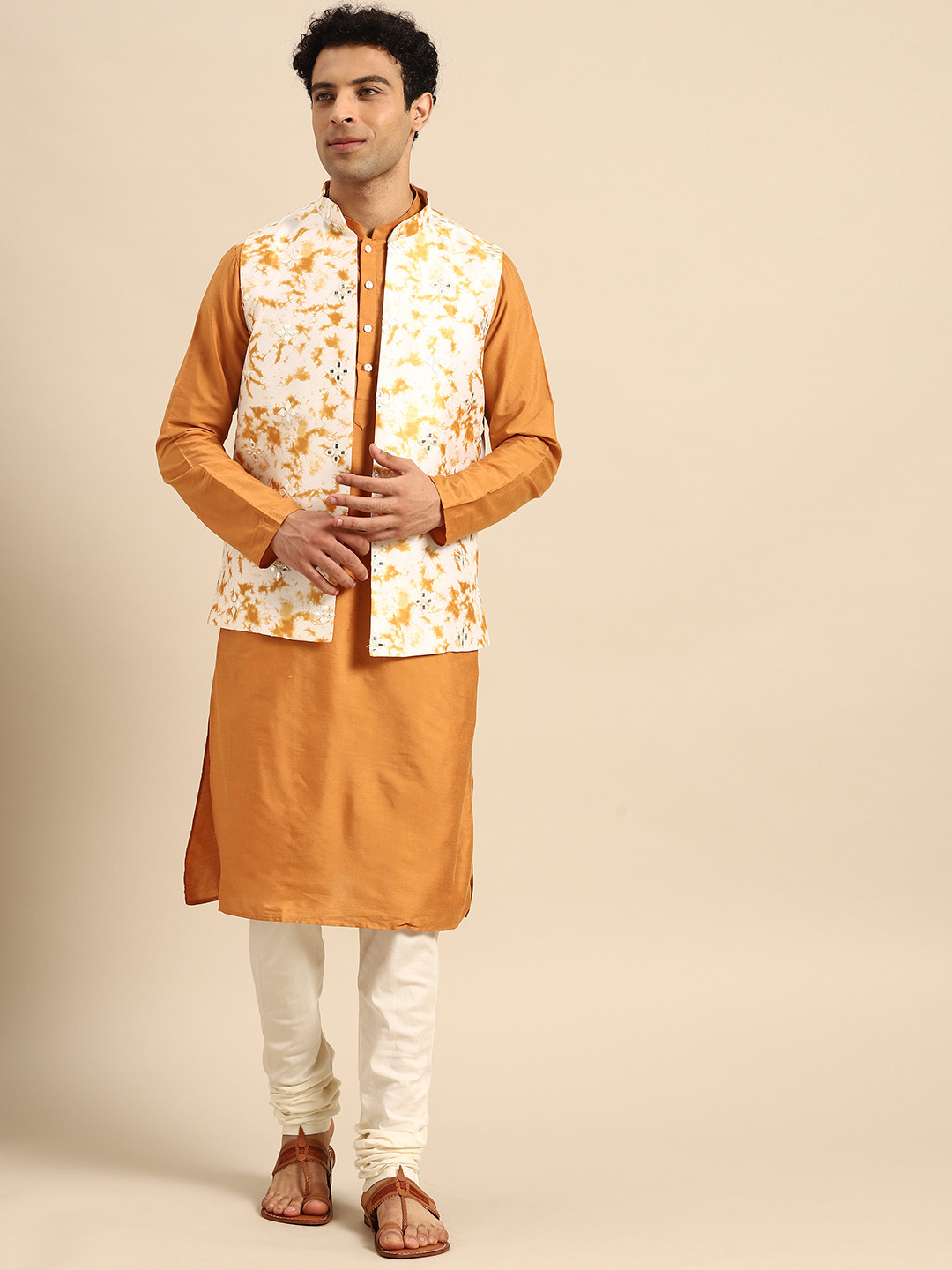 KISAH Men Mustard Yellow Ethnic Motifs Printed Mirror Work Kurta with Churidar & Jacket