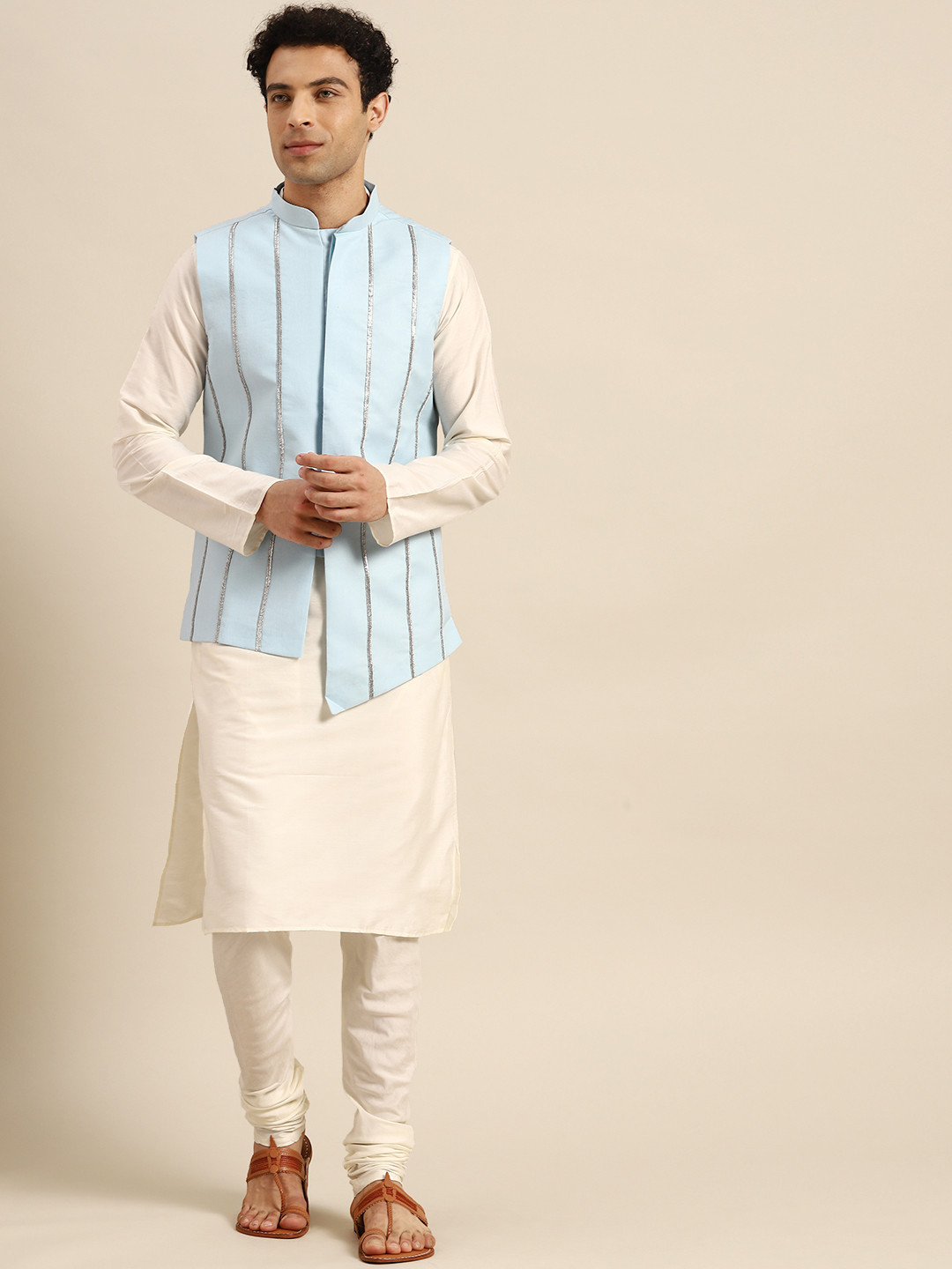 KISAH Men Off White Solid Kurta with Churidar & Nehru Jacket Set