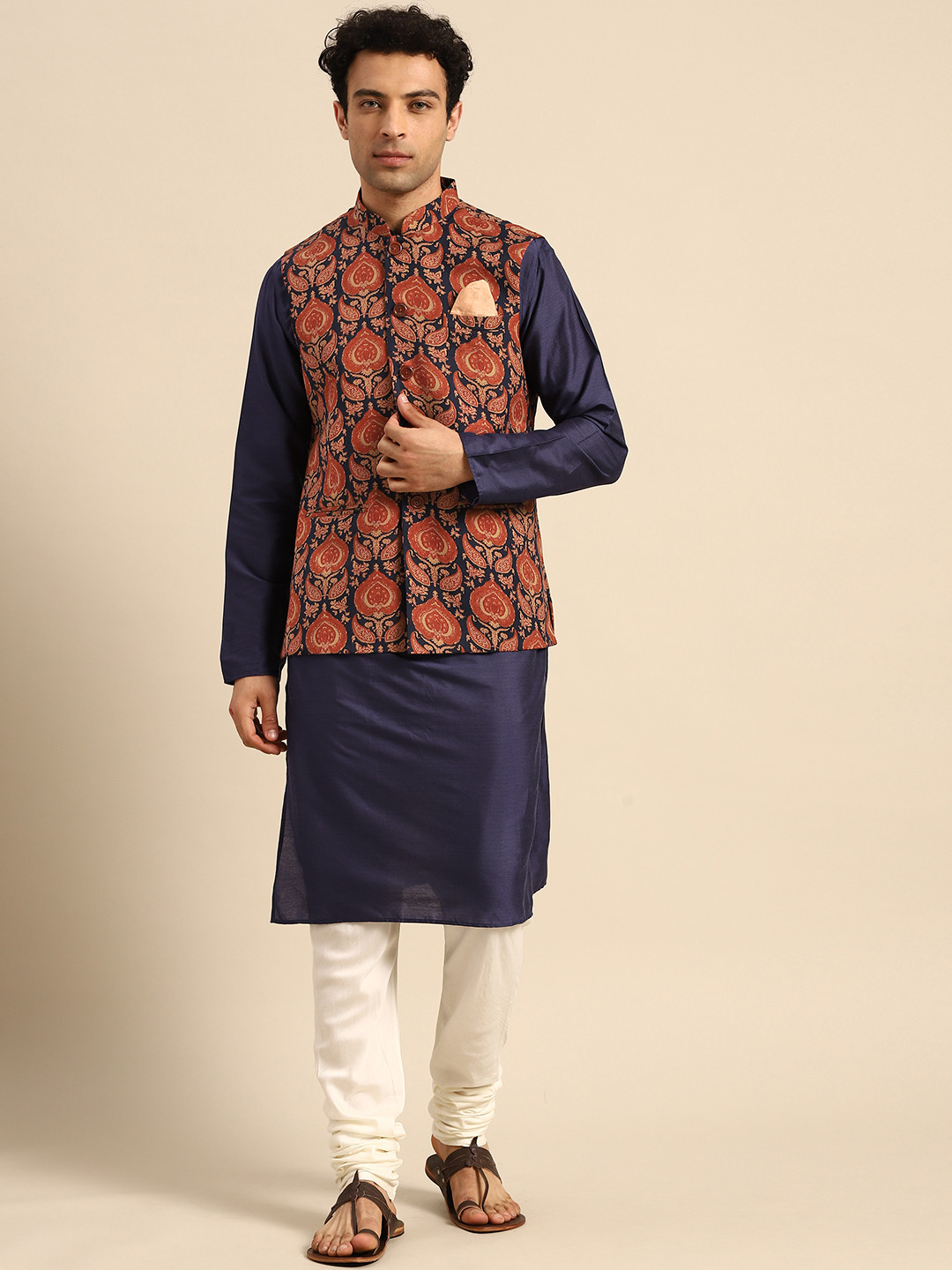 KISAH Men Navy Blue Ethnic Motifs Printed Kurta Jacket Set with Churidar