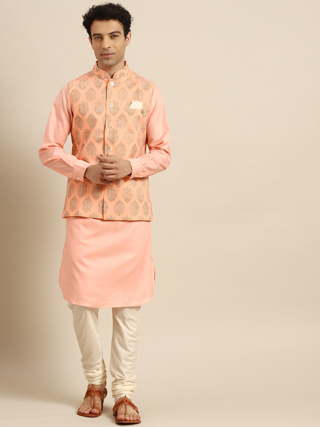 KISAH Men Pink Solid Kurta with Churidar & Nehru Jacket
