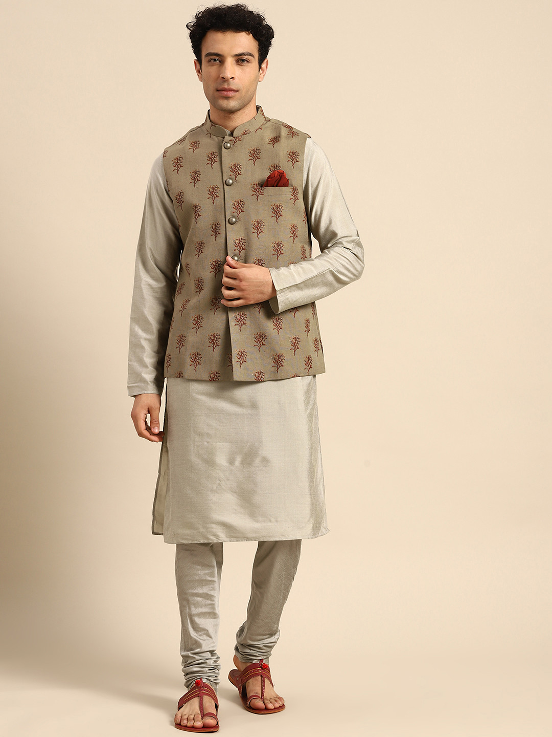 KISAH Men Grey Ethnic Motifs Printed Kurta Jacket Set with Churidar