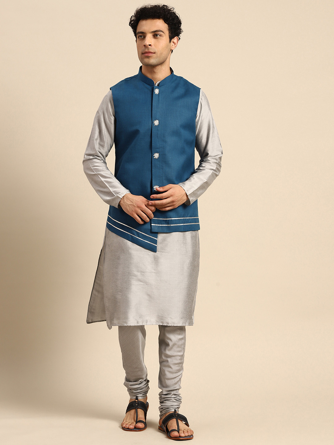 KISAH Men Navy Blue Gotta Patti Kurta Jacket Set with Churidar