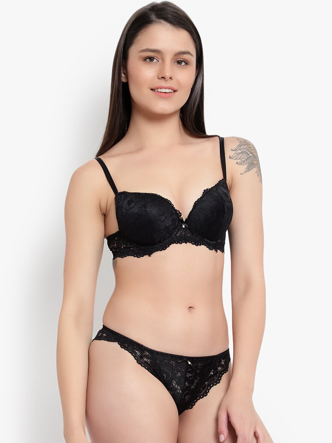 BRACHY Women Black Self Design Lace Lingerie Set