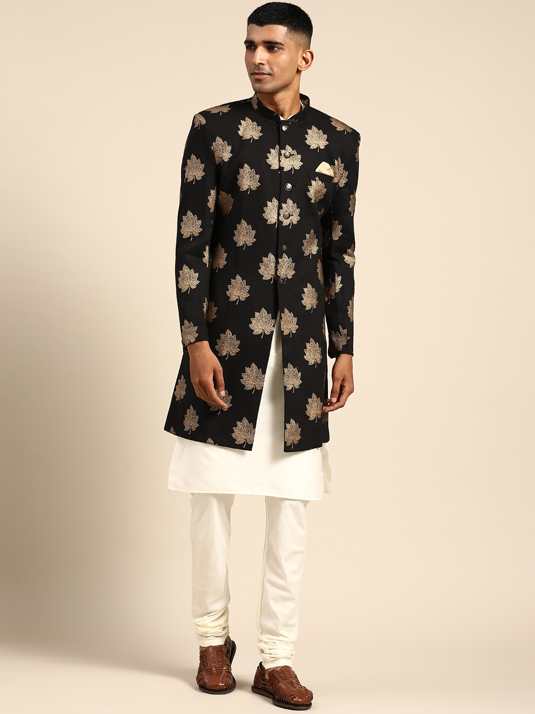 KISAH Men White & Black Woven Design Indowestern Sherwani Set