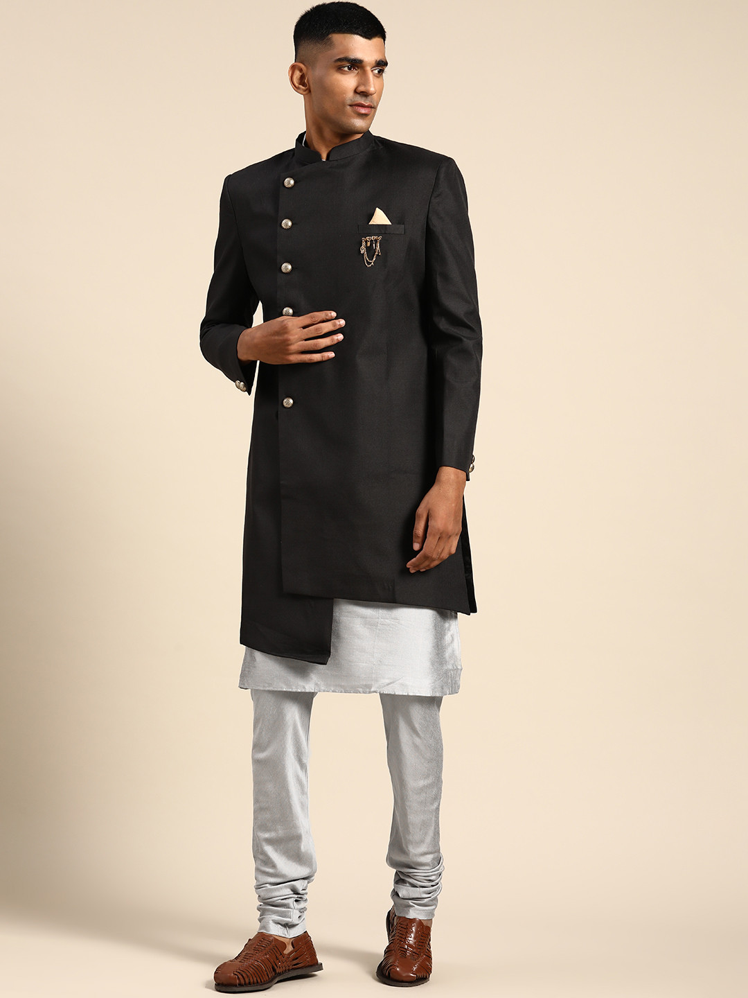 KISAH Men Grey & Black Solid Indowestern Sherwani Set