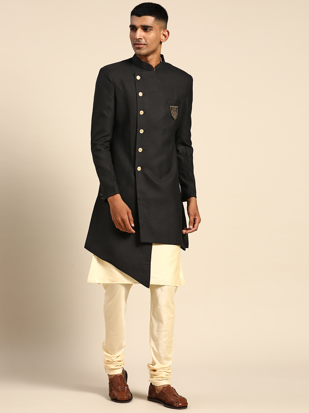 KISAH Men Black & Off White Solid Cotton Kurta Indowestern Sherwani Set