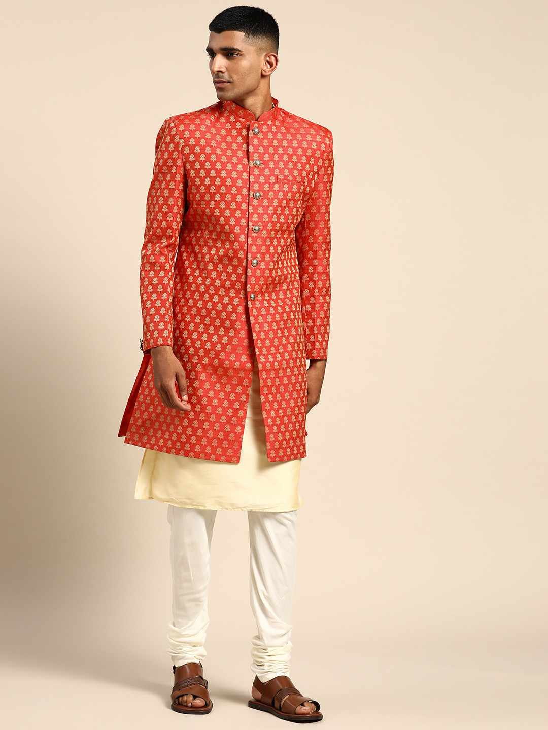 KISAH Men Printed Silk Blend Kurta Indowestern Sherwani Set