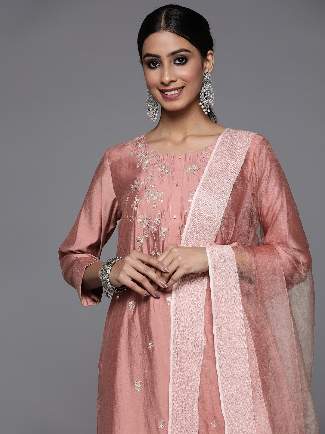 Varanga Women Dusty Rose Pink Ethnic Motifs Embroidered Sequinned Kurta Trousers & Dupatta