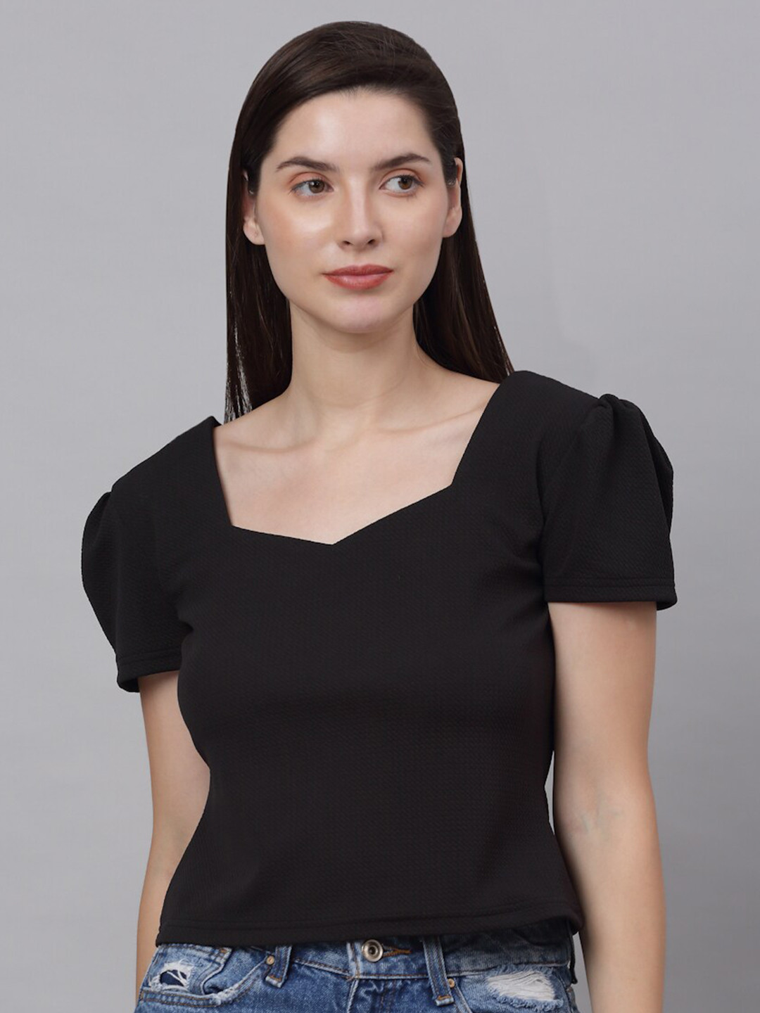 NEUDIS Women Black Sweetheart Neck Crop Top