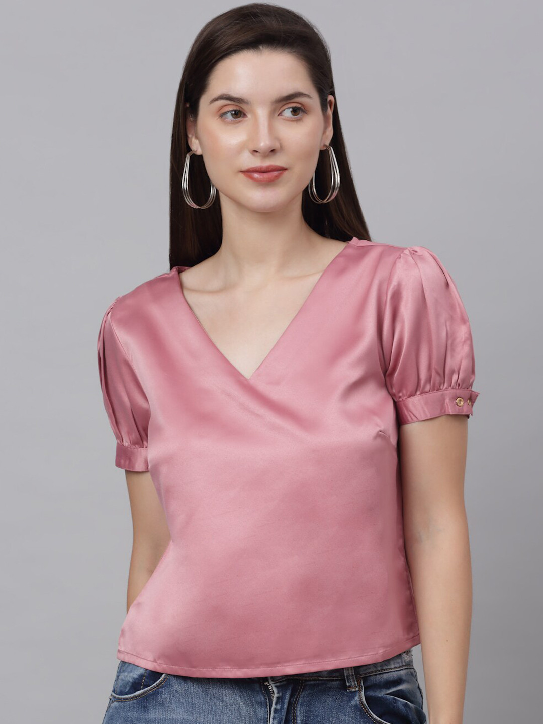 NEUDIS Pink V Neck Sheen Satin Top