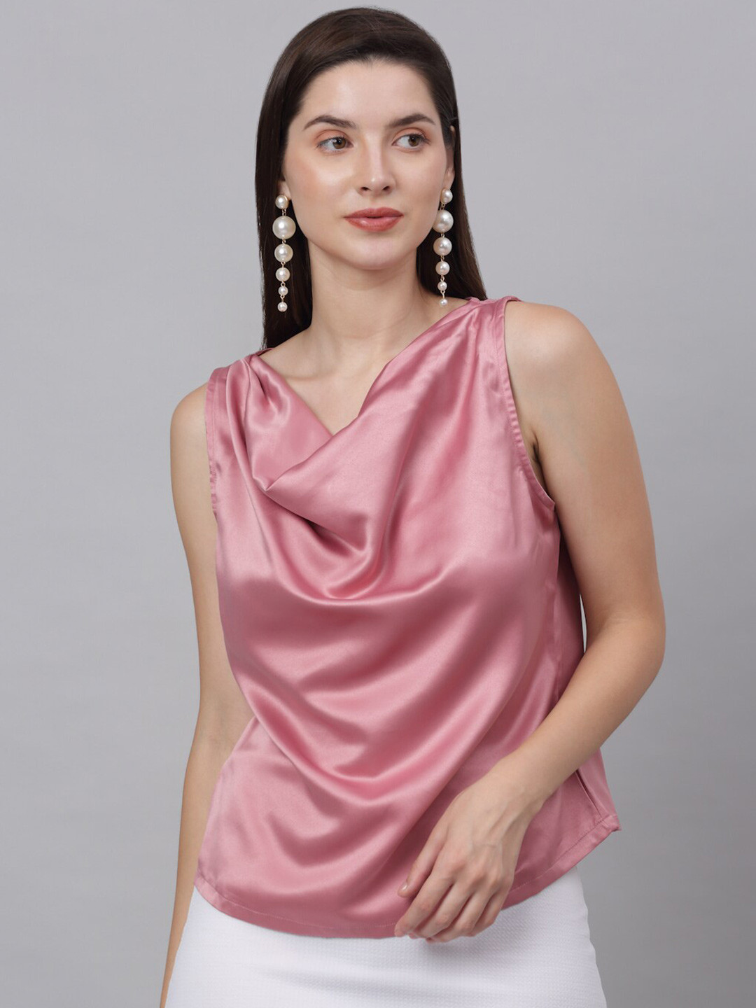 NEUDIS Pink Cowl Neck Sheen Satin Top