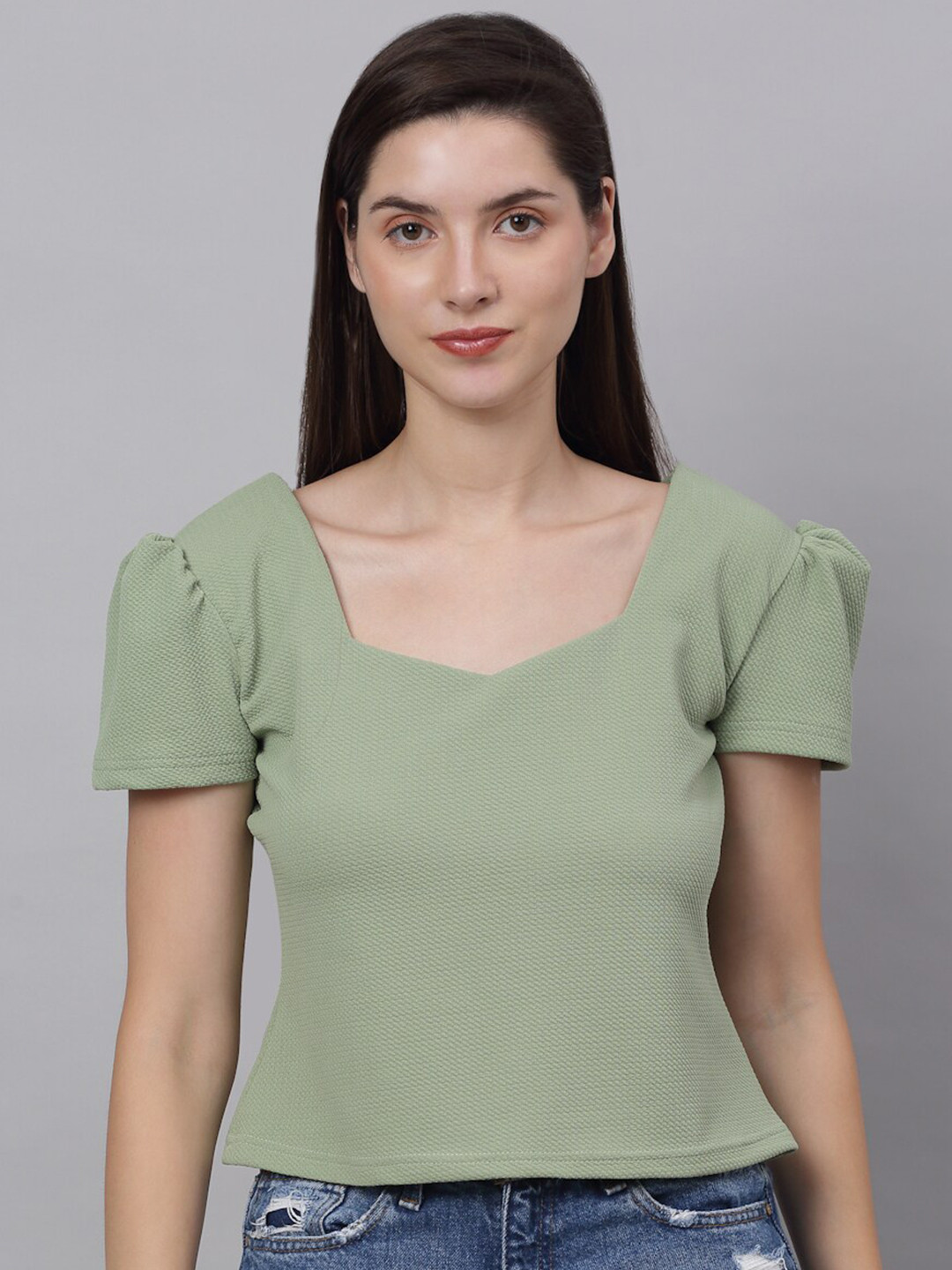 NEUDIS Women Green Sweetheart Neck Top