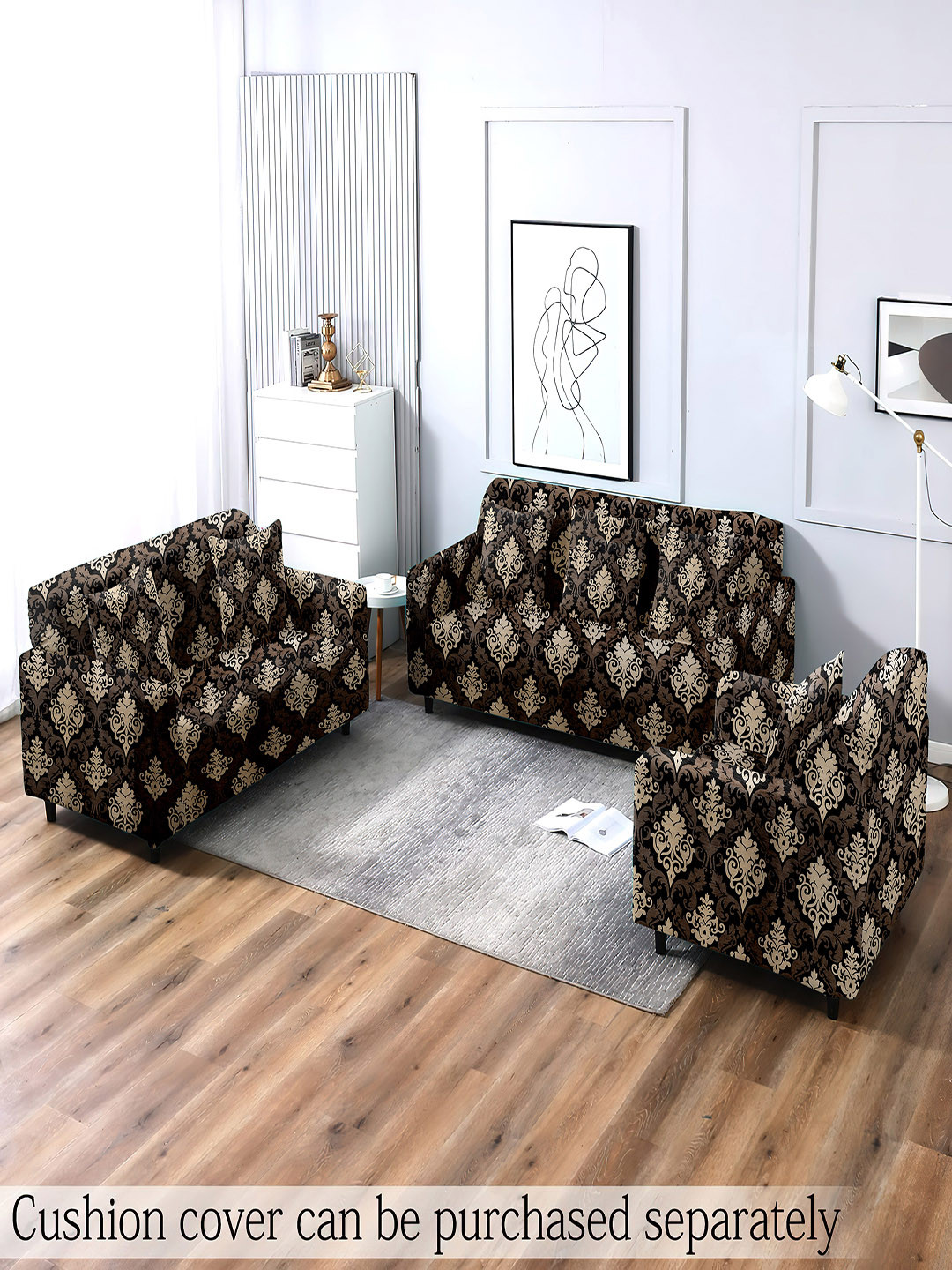 Cortina Black & Grey Ethnic Printed 5 Seater Super-Stretchable Sofa Covers