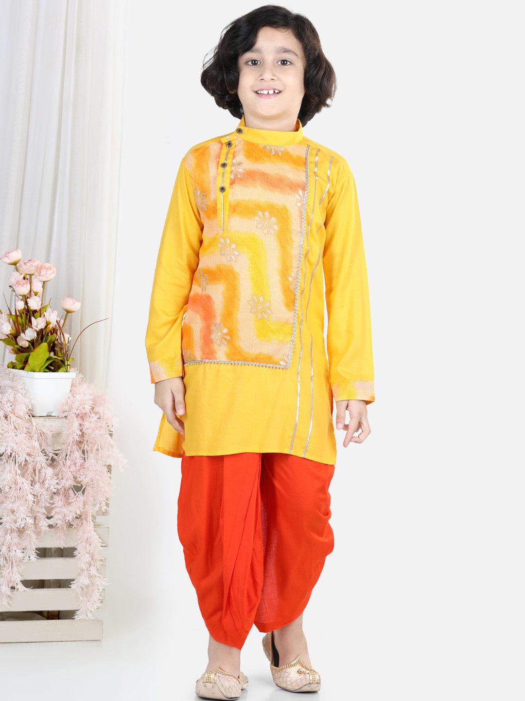 Here&Now X Kinder Kids Boys Printed Lace Work Pure Cotton Kurta with Dhoti Pants