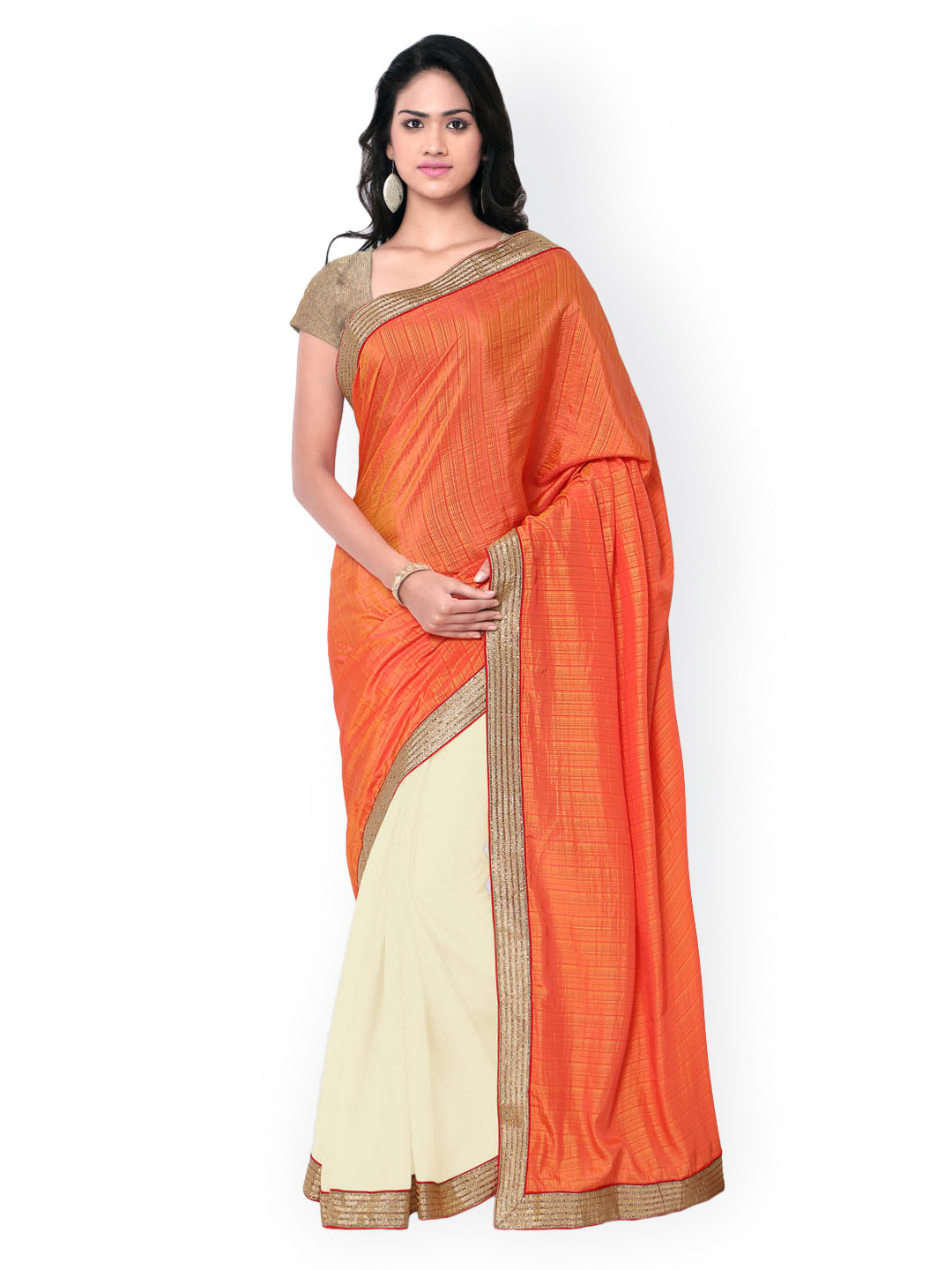 Kvsfab Orange & Cream-Coloured Poly Georgette Self-Striped Saree